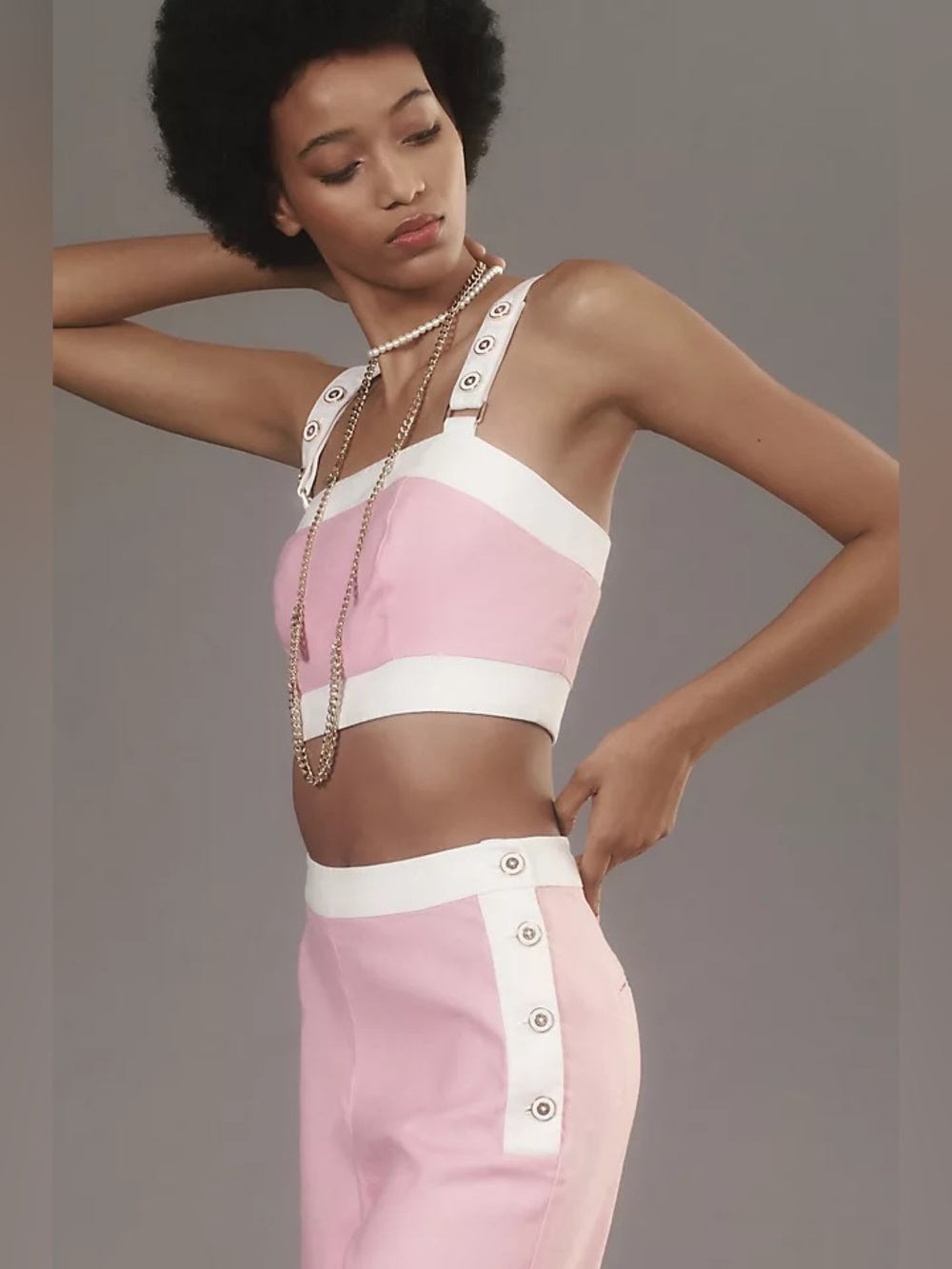 Anthropologie Maeve Square-Neck pink-white button Cropped Linen Tank Top - Picture 4 of 10